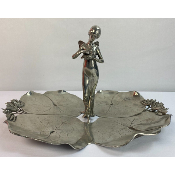 Antique Art Nouveau Pewter Fairy with Dove Lily Pads Sculpture Centerpiece Tray - Picture 1 of 12